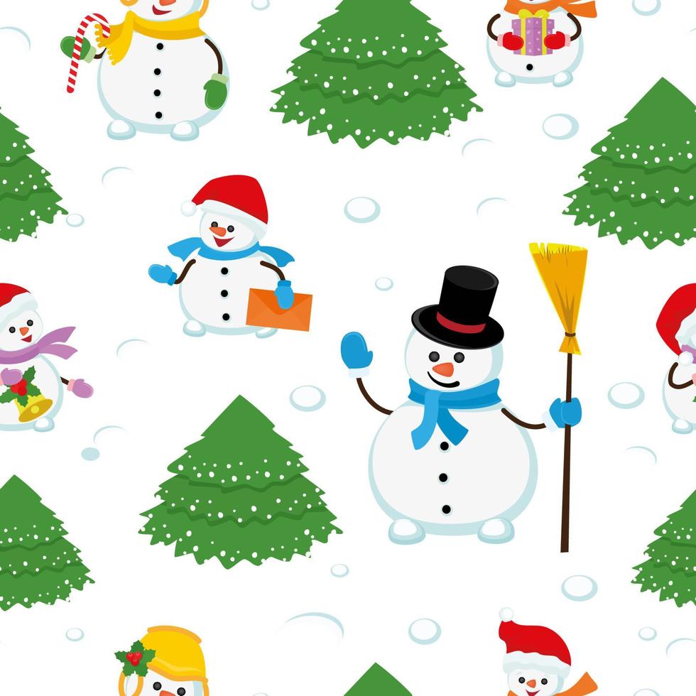 Christmas seamless pattern with Christmas tree and funny snowmen. New Year beautiful vector illustration.