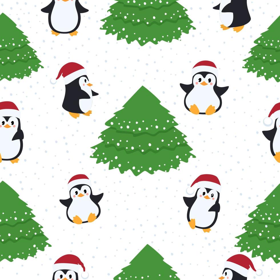 Christmas seamless pattern with Christmas tree and penguins. New Year beautiful vector illustration.