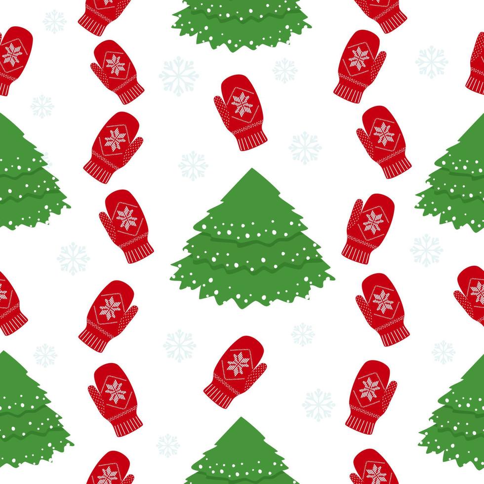 Christmas seamless pattern with Christmas tree and winter mittens. New Year beautiful vector illustration.