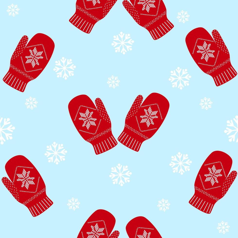 Christmas seamless pattern with mittens and snowflakes. New Year beautiful vector illustration.