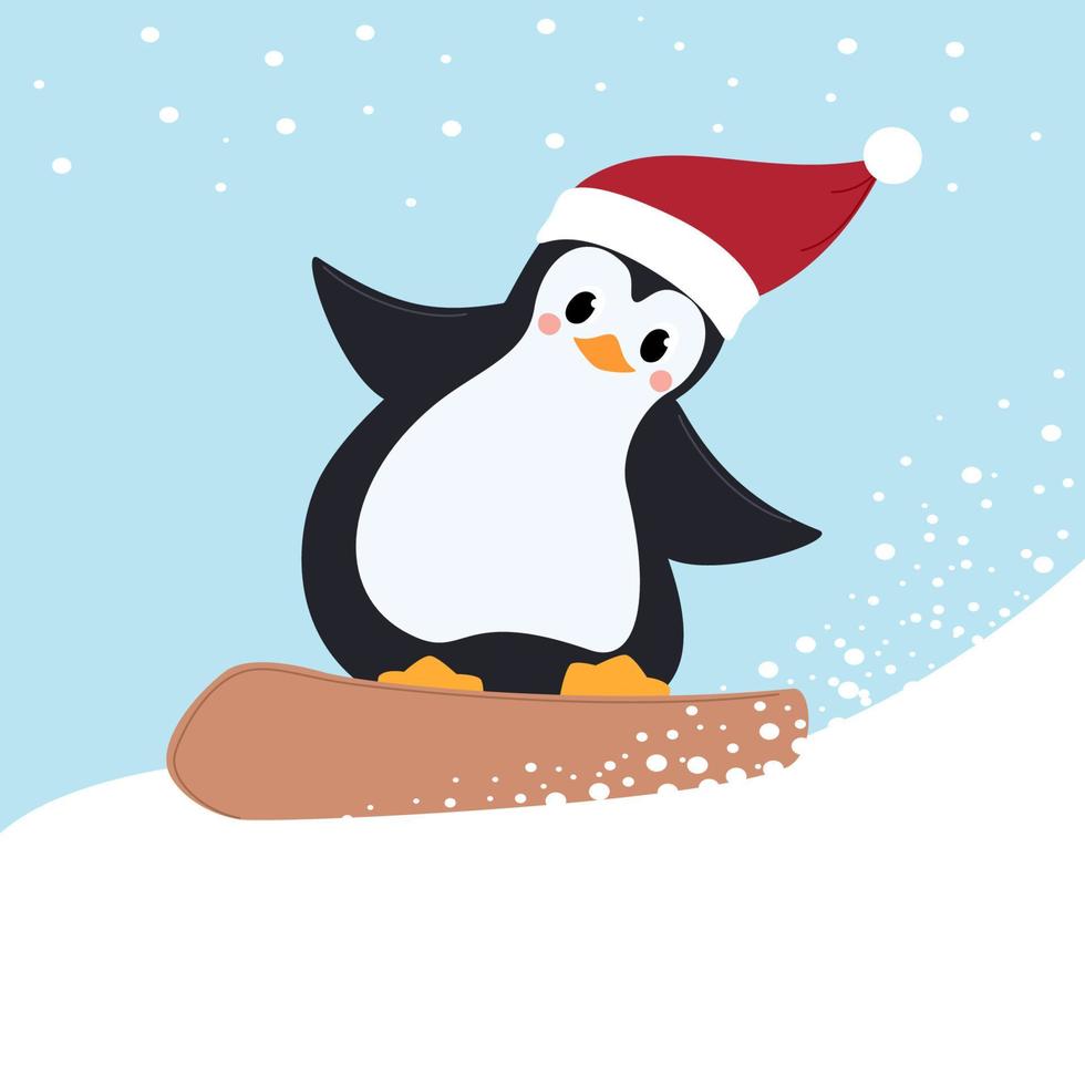 pingüino monta una tabla de snowboard con un sombrero de santa claus. feliz año nuevo ilustración vectorial de navidad. vector