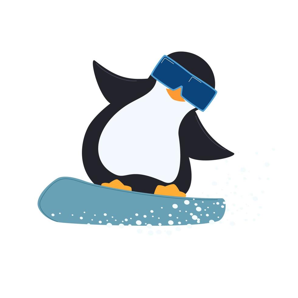 Penguin in protective spectacles makes jump on the snowboard. Vector illustration.