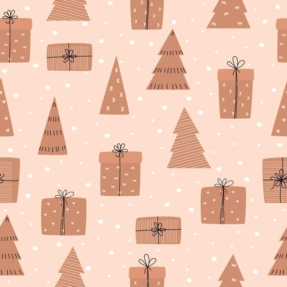 Christmas seamless pattern with Christmas trees and holiday gifts. New Year vector illustration.