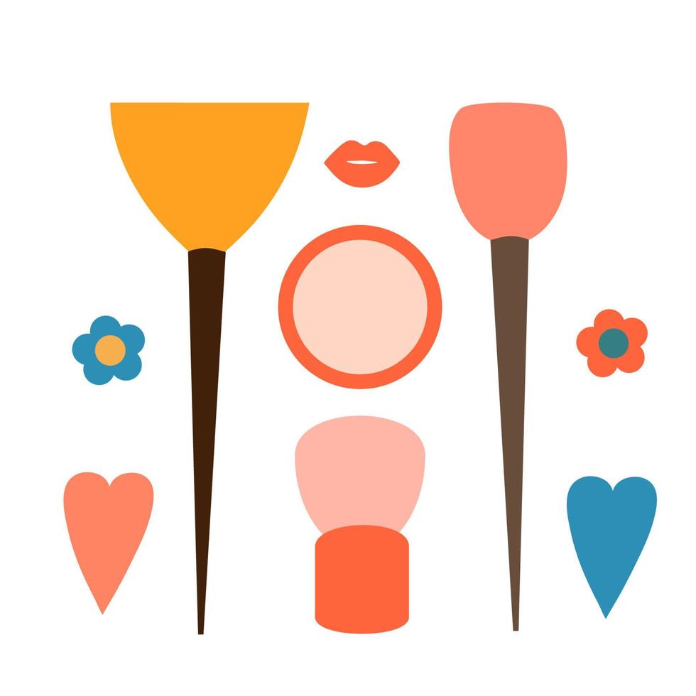 A set of brushes for eyeshadow and blush and a sponge with powder 