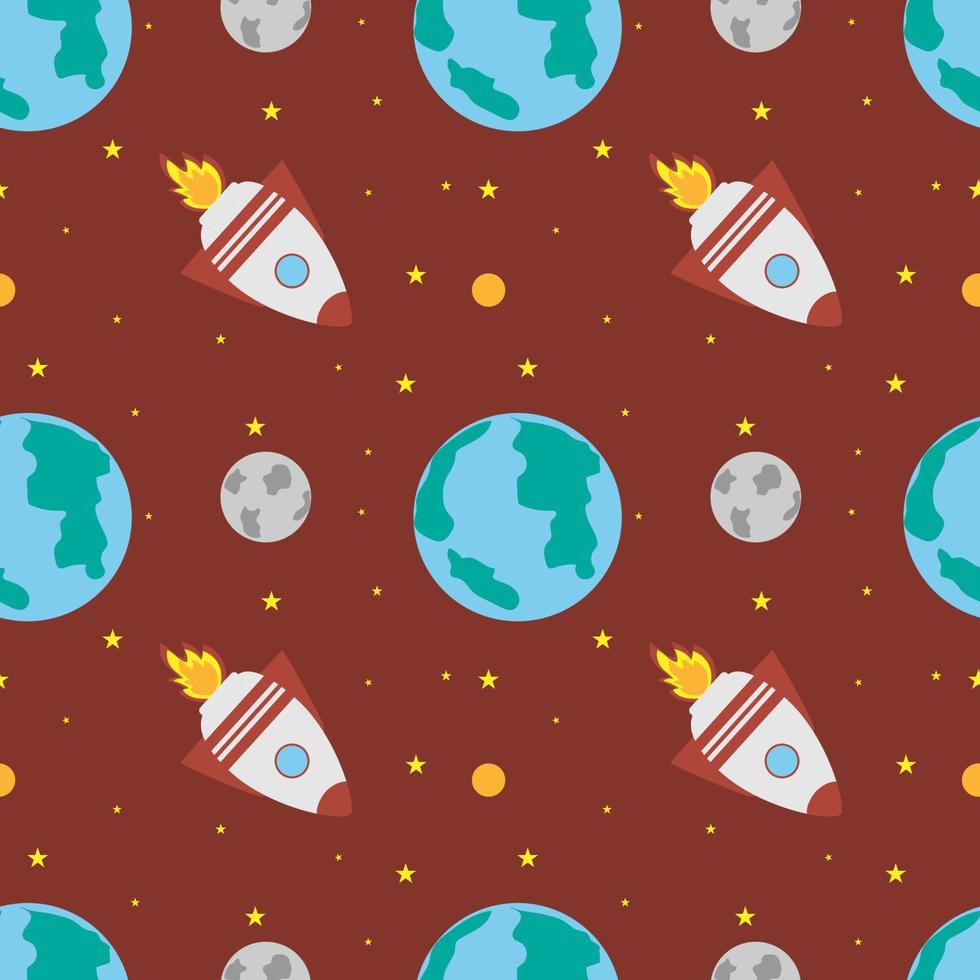 A space rocket flies near the earth and the moon on a red background. vector
