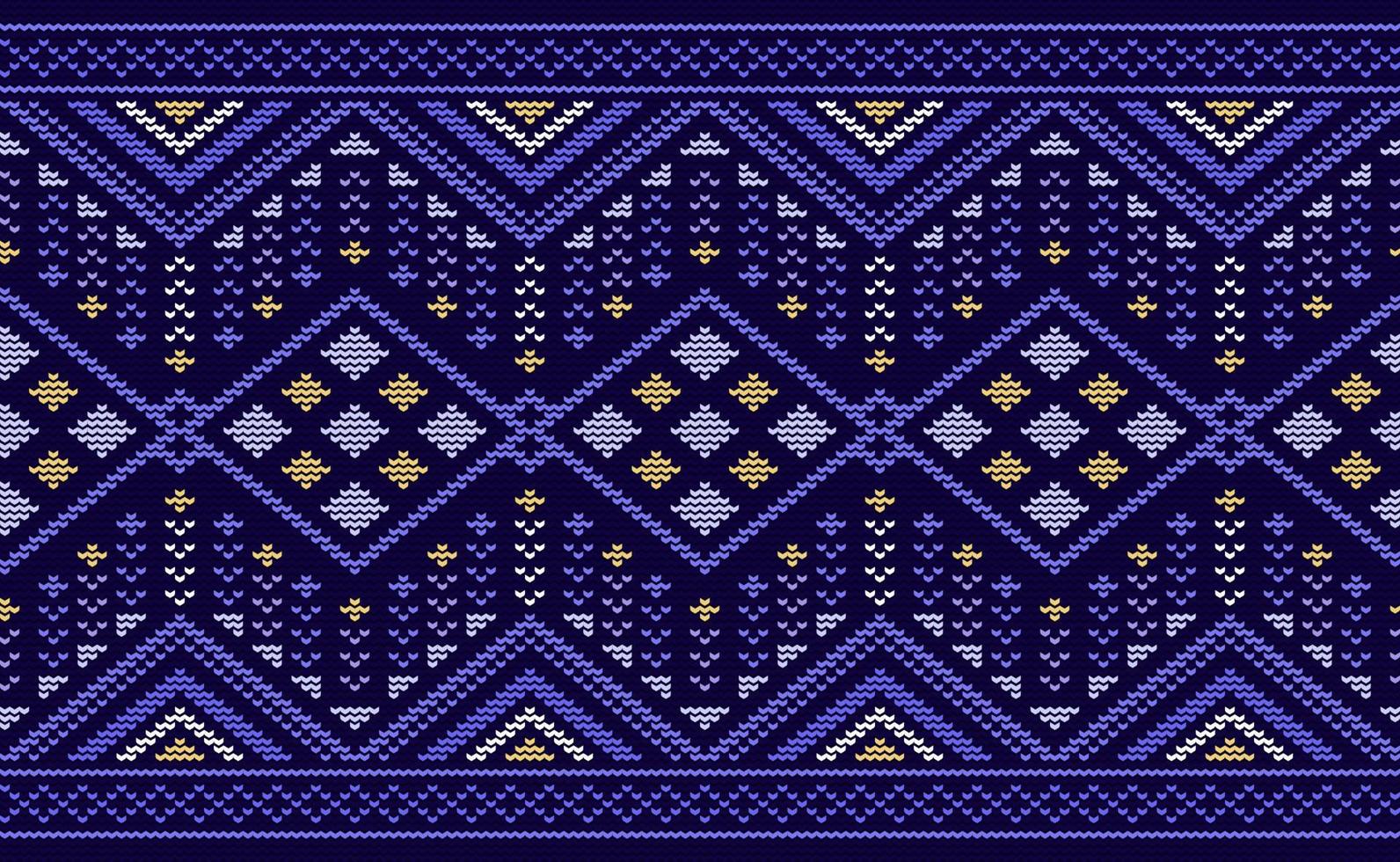 Knitted ethnic pattern, Vector cross stitch ornate background, Purple and yellow pattern antique folk