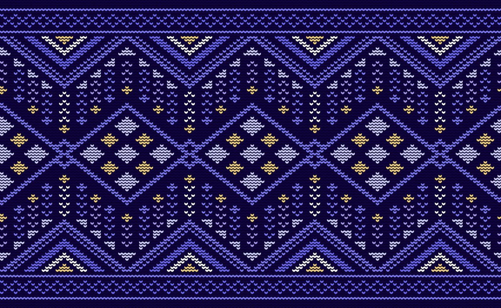 Knitted ethnic pattern, Vector cross stitch ornate background, Purple and yellow pattern antique folk