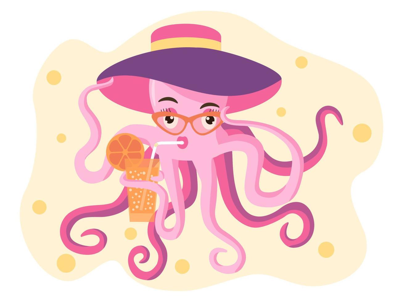 Vector drawing of an octopus in a hat and beach glasses