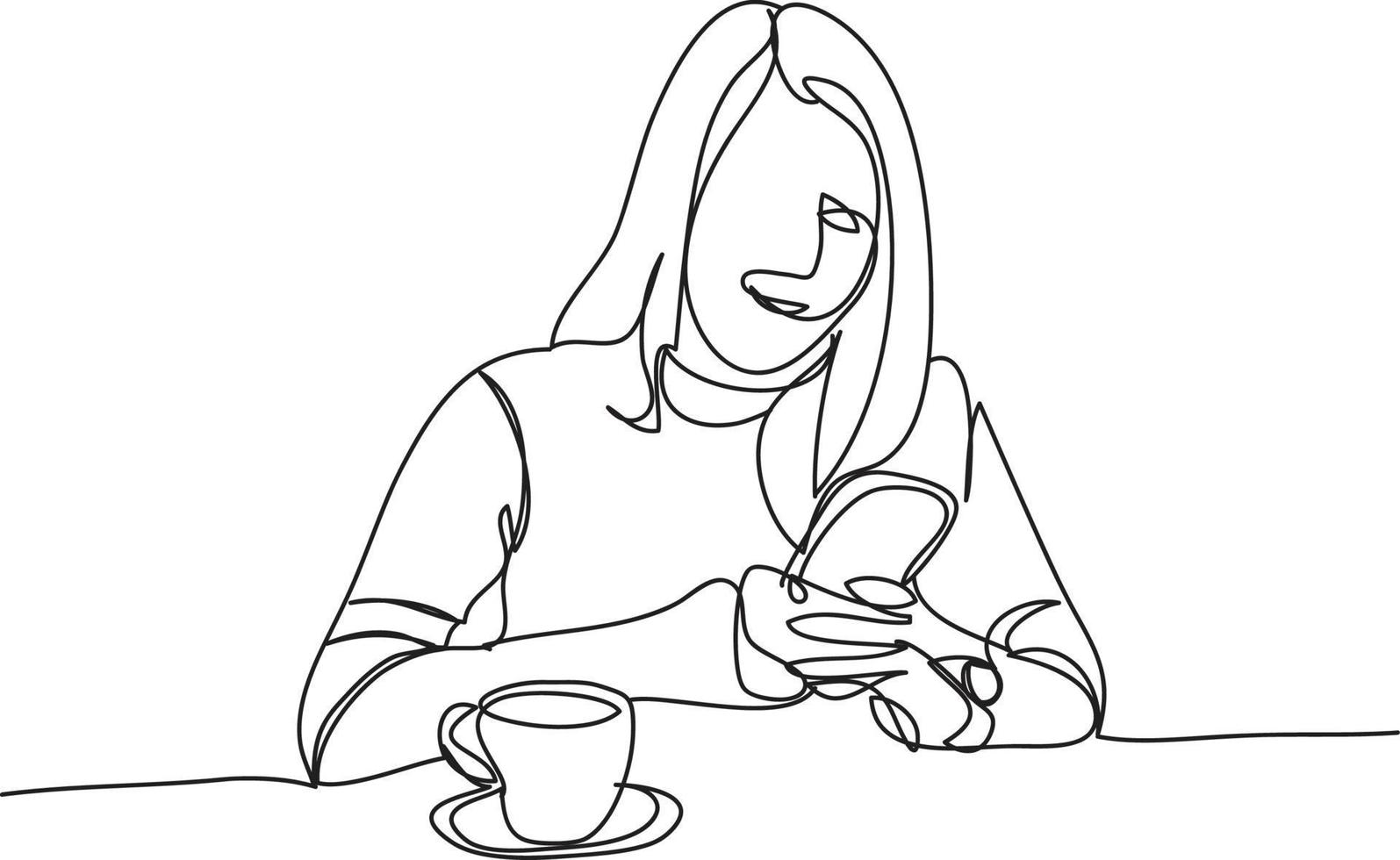 women and smartphone  line drawing vector illustration.