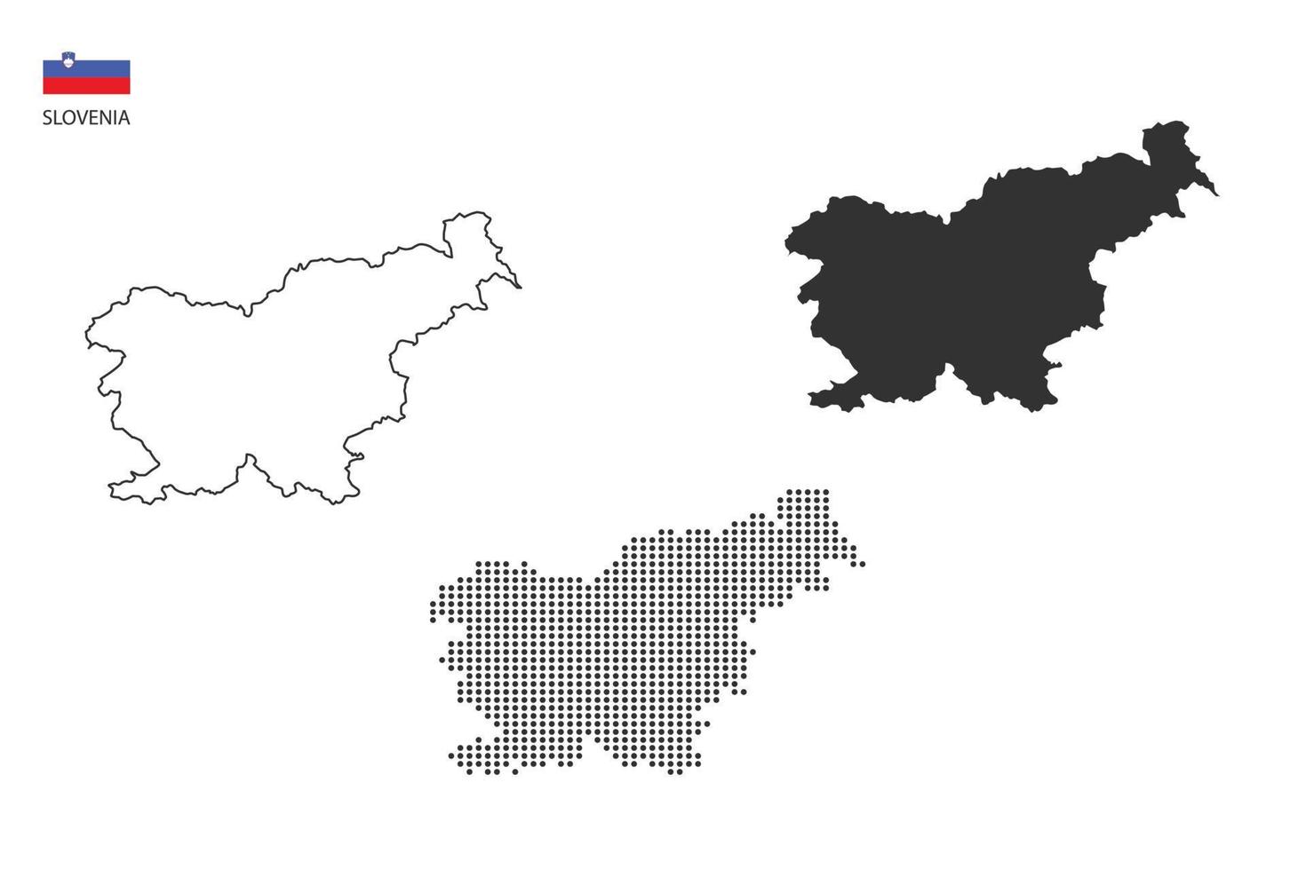 3 versiones del vector de la ciudad del mapa de eslovenia por estilo de simplicidad de contorno negro delgado, estilo de punto negro y estilo de sombra oscura. todo en el fondo blanco.