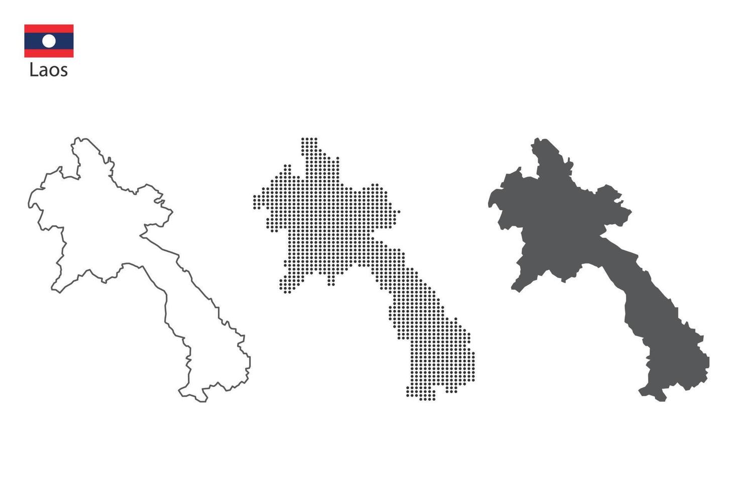 3 versiones del vector de la ciudad del mapa de laos por estilo de simplicidad de contorno negro delgado, estilo de punto negro y estilo de sombra oscura. todo en el fondo blanco.