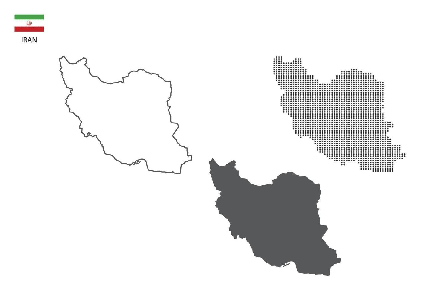 3 versiones del vector de la ciudad del mapa de irán por estilo de simplicidad de contorno negro delgado, estilo de punto negro y estilo de sombra oscura. todo en el fondo blanco.