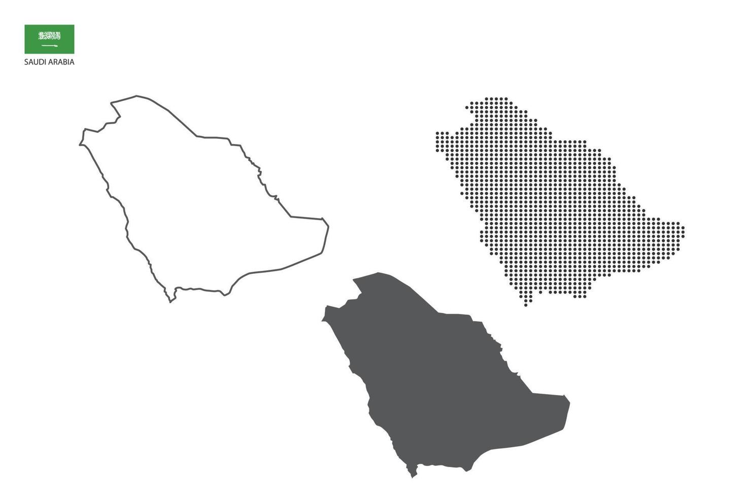 3 versiones del vector de la ciudad del mapa de arabia saudita por estilo de simplicidad de contorno negro delgado, estilo de punto negro y estilo de sombra oscura. todo en el fondo blanco.