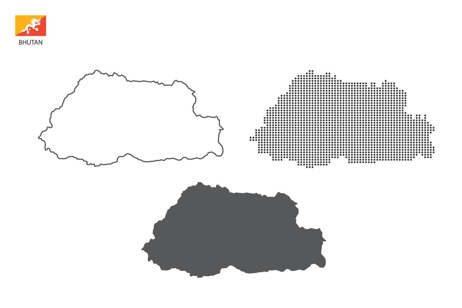 3 versiones del vector de la ciudad del mapa de Bután por estilo de simplicidad de contorno negro delgado, estilo de punto negro y estilo de sombra oscura. todo en el fondo blanco.