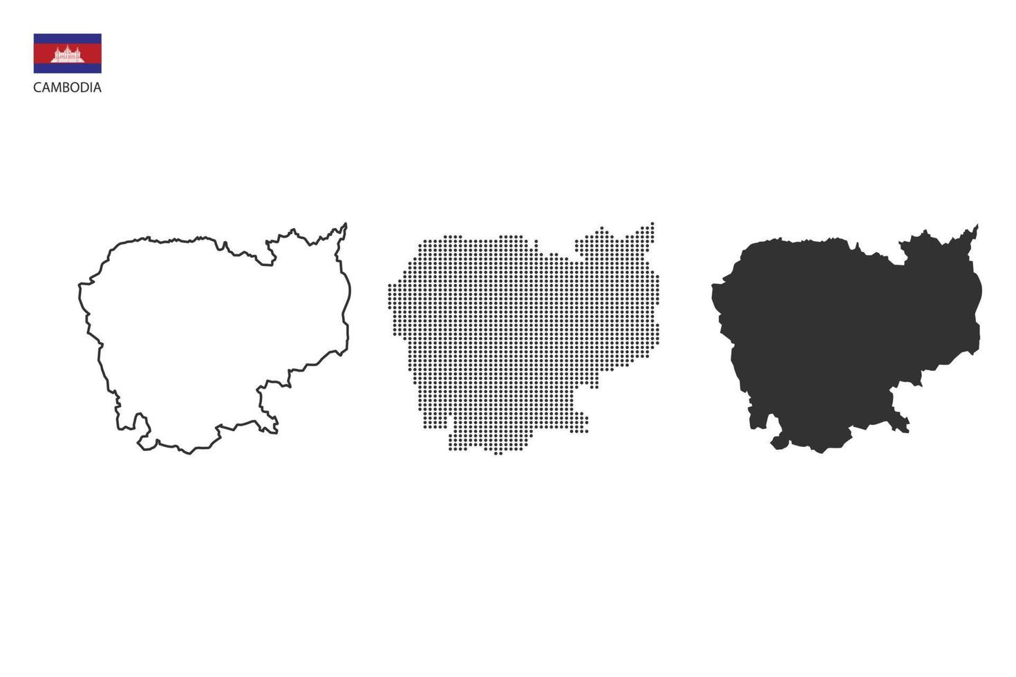 3 versiones del vector de la ciudad del mapa de camboya por estilo de simplicidad de contorno negro delgado, estilo de punto negro y estilo de sombra oscura. todo en el fondo blanco.