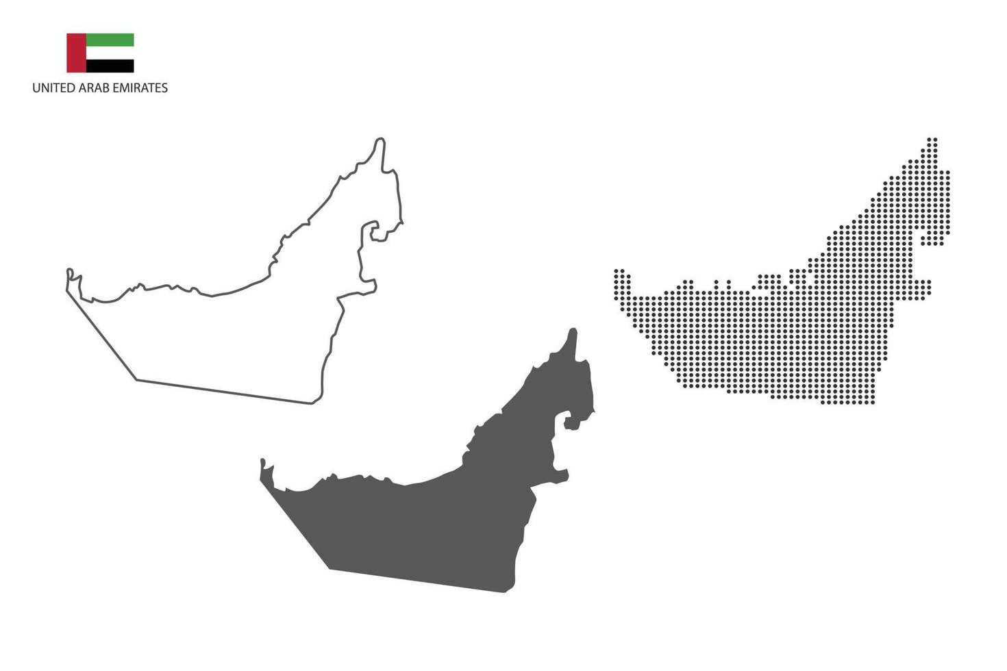 3 versiones del vector de la ciudad del mapa de los emiratos árabes unidos por estilo de simplicidad de contorno negro delgado, estilo de punto negro y estilo de sombra oscura. todo en el fondo blanco.