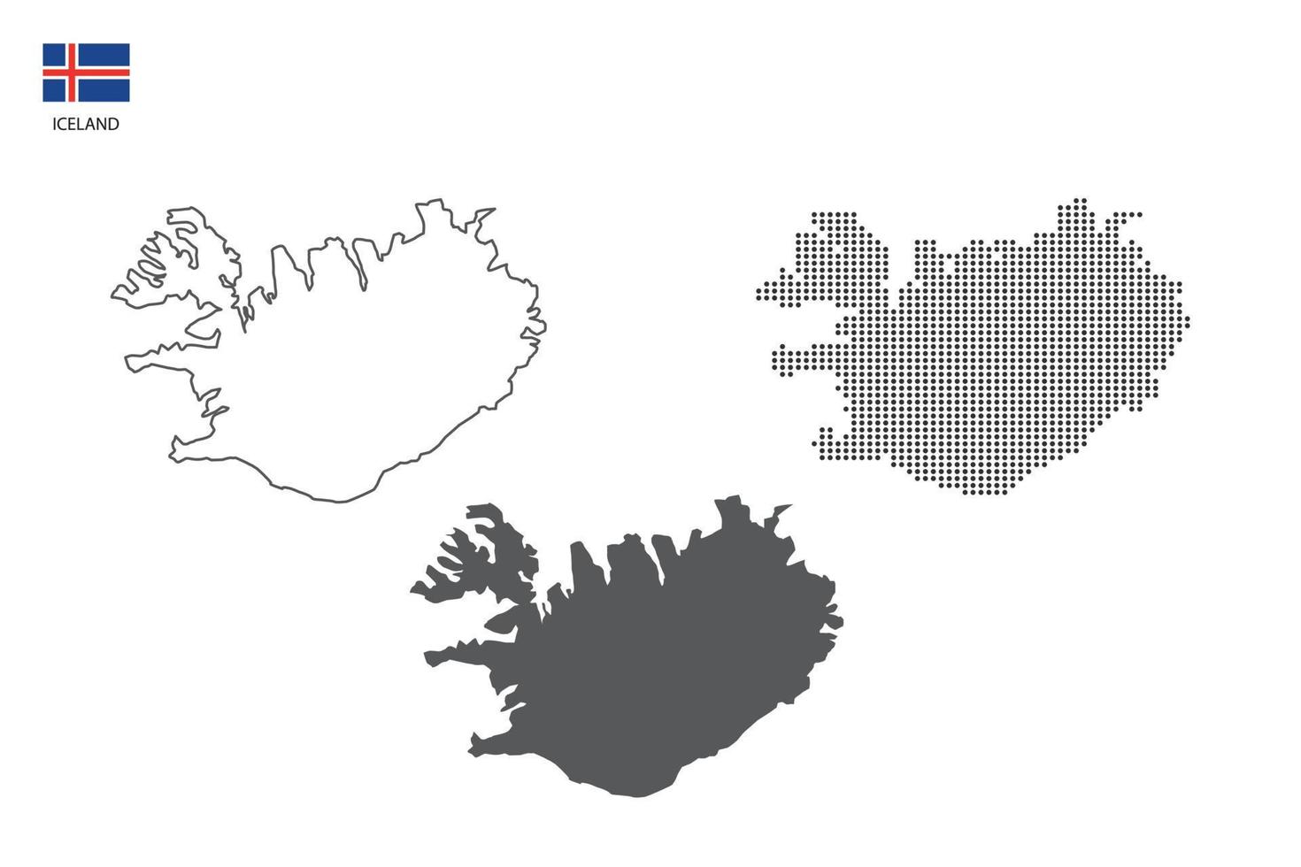 3 versiones del vector de la ciudad del mapa de islandia por estilo de simplicidad de contorno negro delgado, estilo de punto negro y estilo de sombra oscura. todo en el fondo blanco.