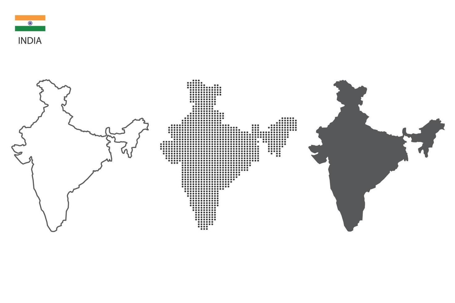 3 versiones del vector de la ciudad del mapa de la india por estilo de simplicidad de contorno negro delgado, estilo de punto negro y estilo de sombra oscura. todo en el fondo blanco.