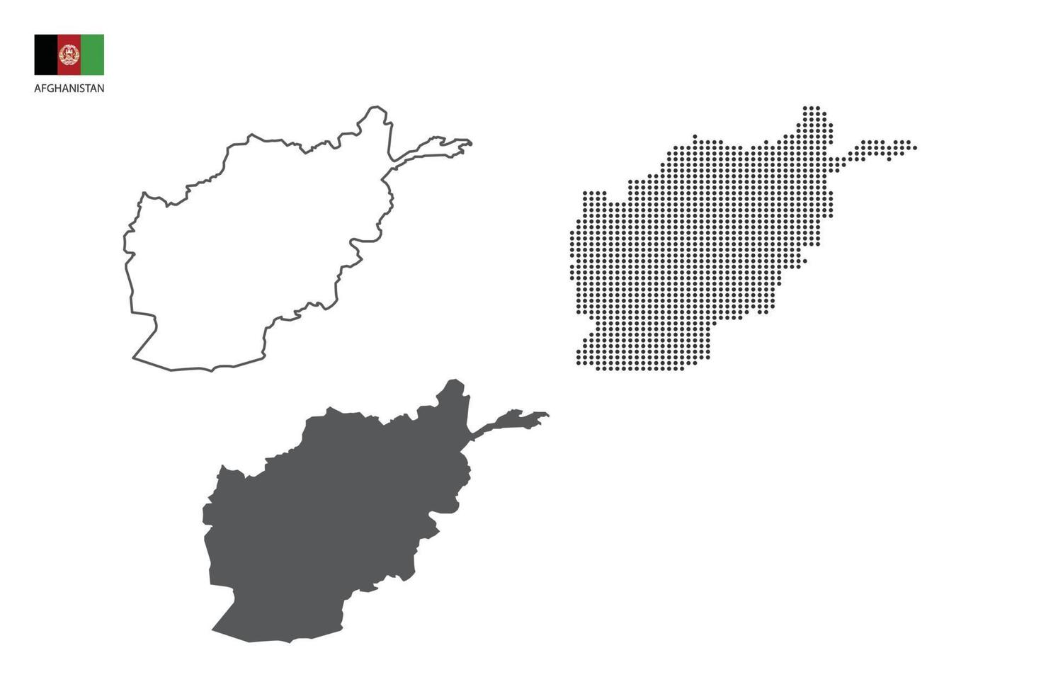 3 versiones del vector de la ciudad del mapa de afganistán por estilo de simplicidad de contorno negro delgado, estilo de punto negro y estilo de sombra oscura. todo en el fondo blanco.