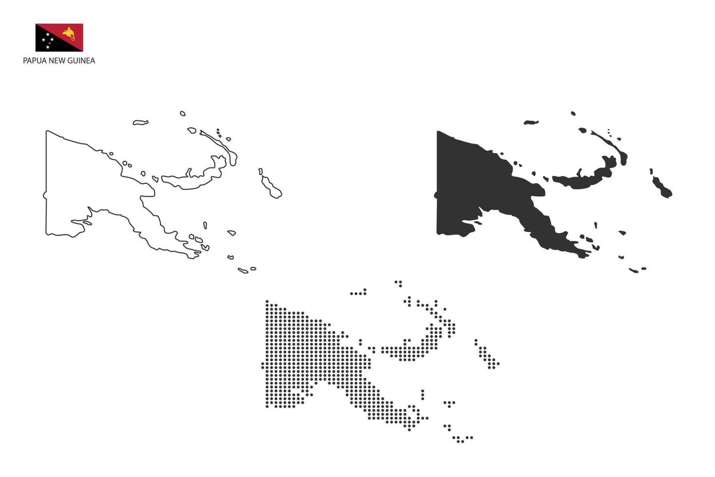 3 versions of Papua New Guinea map city vector by thin black outline simplicity style, Black dot style and Dark shadow style. All in the white background.