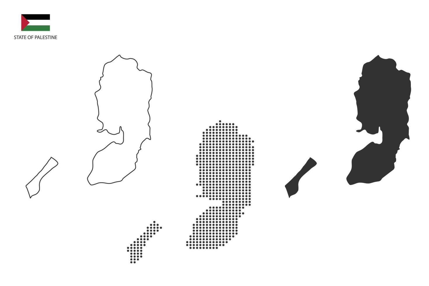3 versiones del vector de la ciudad del mapa del estado de palestina por estilo de simplicidad de contorno negro delgado, estilo de punto negro y estilo de sombra oscura. todo en el fondo blanco.