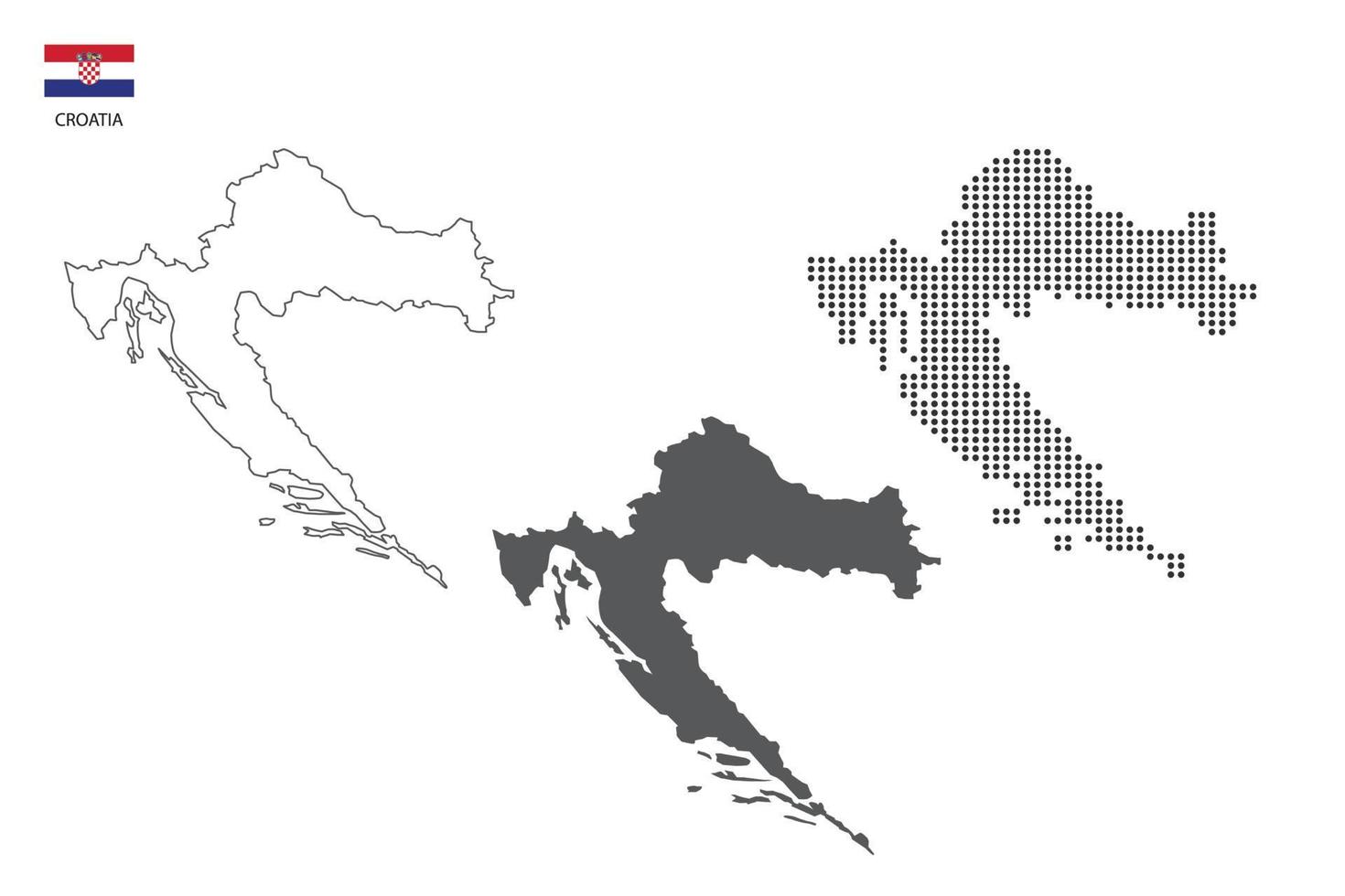 3 versiones del vector de la ciudad del mapa de croacia por estilo de simplicidad de contorno negro delgado, estilo de punto negro y estilo de sombra oscura. todo en el fondo blanco.