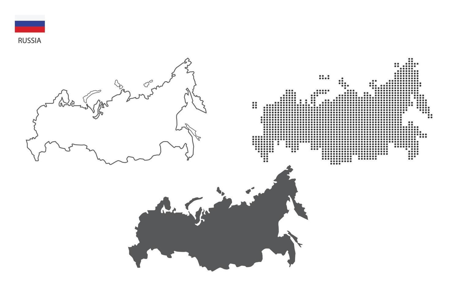 3 versiones del vector de la ciudad del mapa de rusia por estilo de simplicidad de contorno negro delgado, estilo de punto negro y estilo de sombra oscura. todo en el fondo blanco.