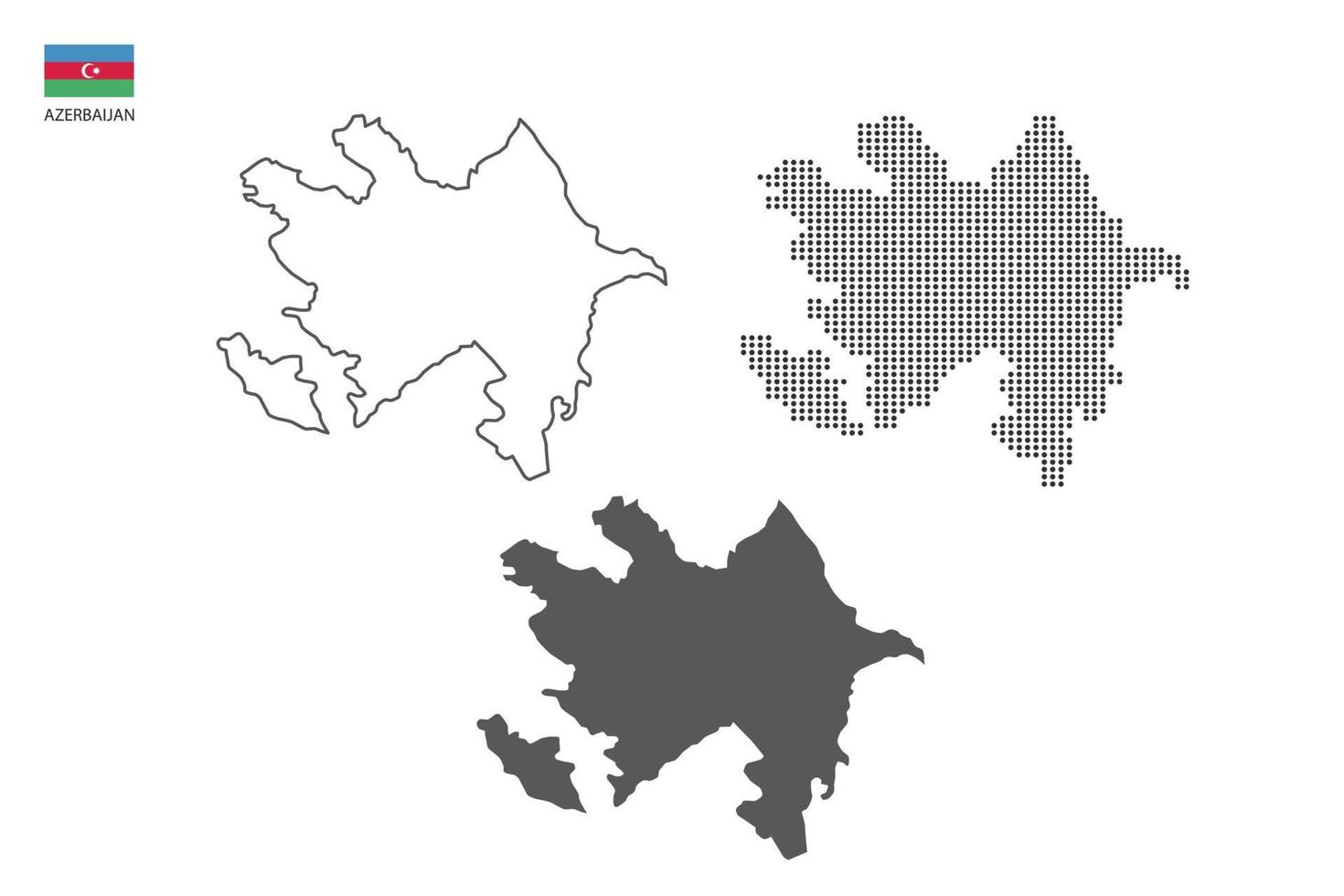 3 versiones del vector de la ciudad del mapa de azerbaiyán por estilo de simplicidad de contorno negro delgado, estilo de punto negro y estilo de sombra oscura. todo en el fondo blanco.