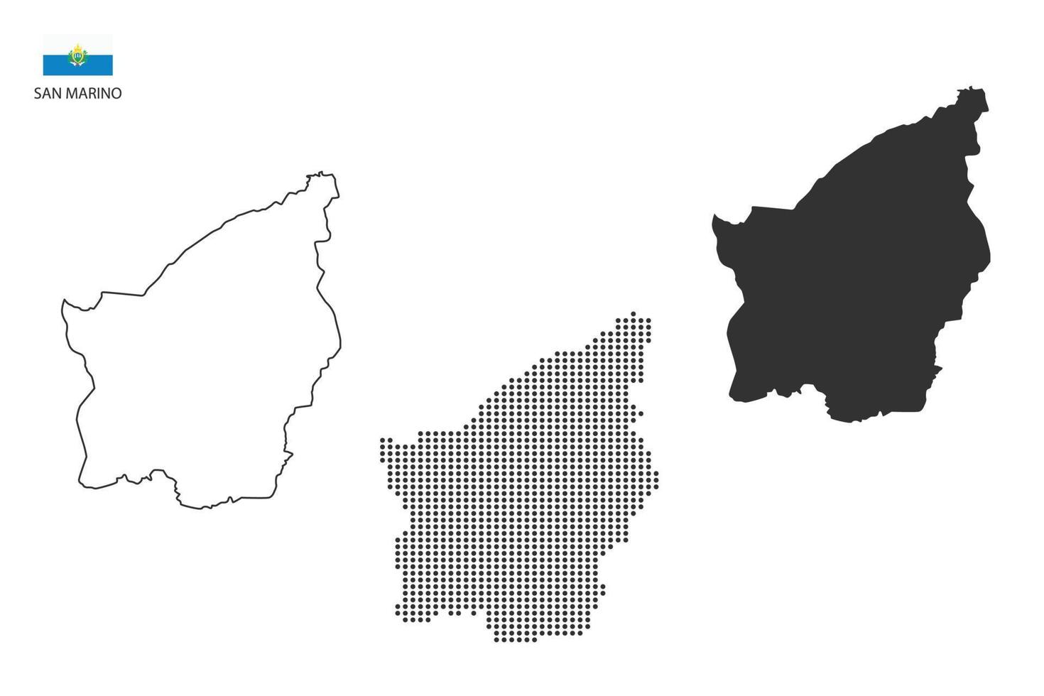 3 versiones del vector de la ciudad del mapa de san marino por estilo de simplicidad de contorno negro delgado, estilo de punto negro y estilo de sombra oscura. todo en el fondo blanco.