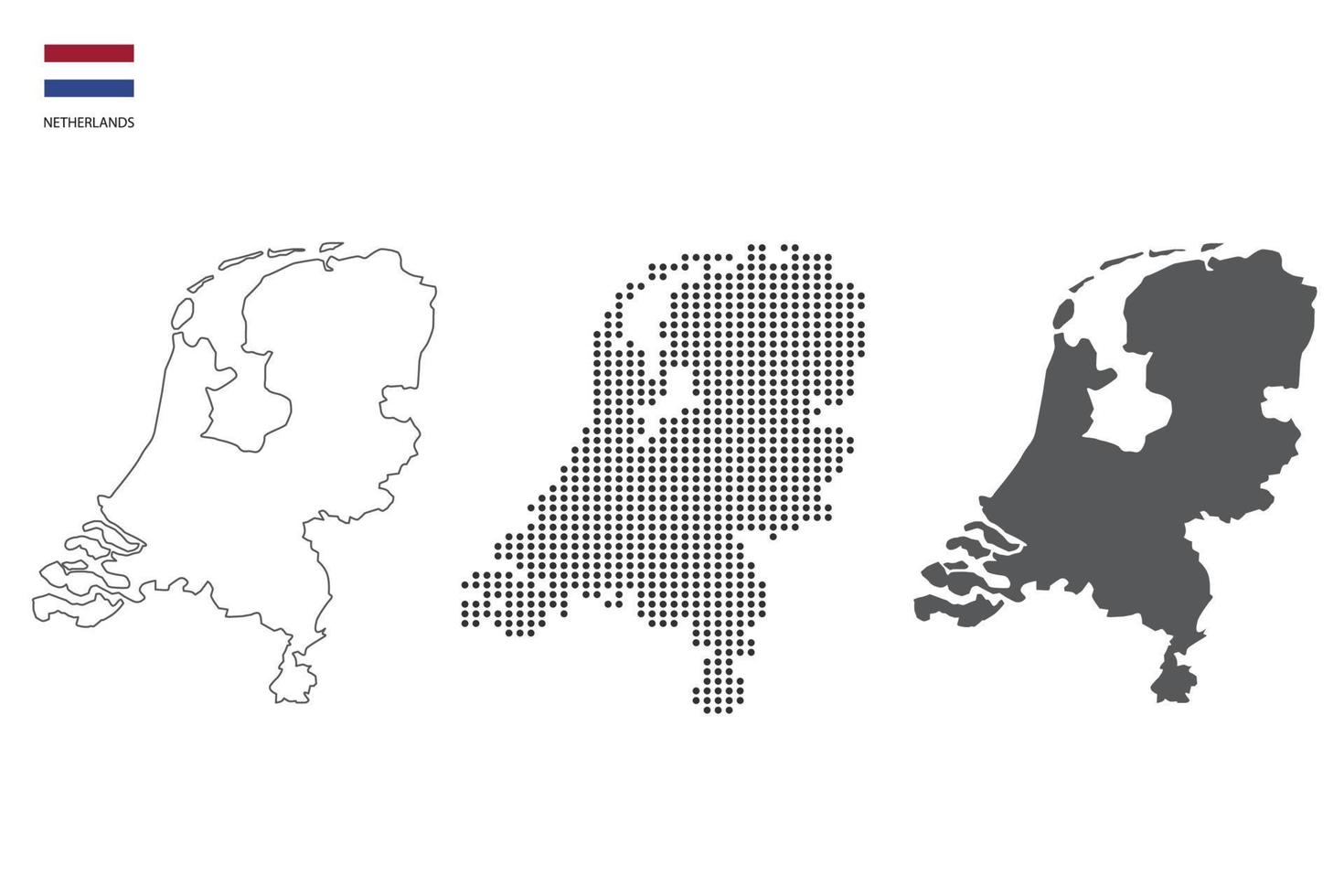 3 versiones del vector de la ciudad del mapa de los Países Bajos por estilo de simplicidad de contorno negro delgado, estilo de punto negro y estilo de sombra oscura. todo en el fondo blanco.