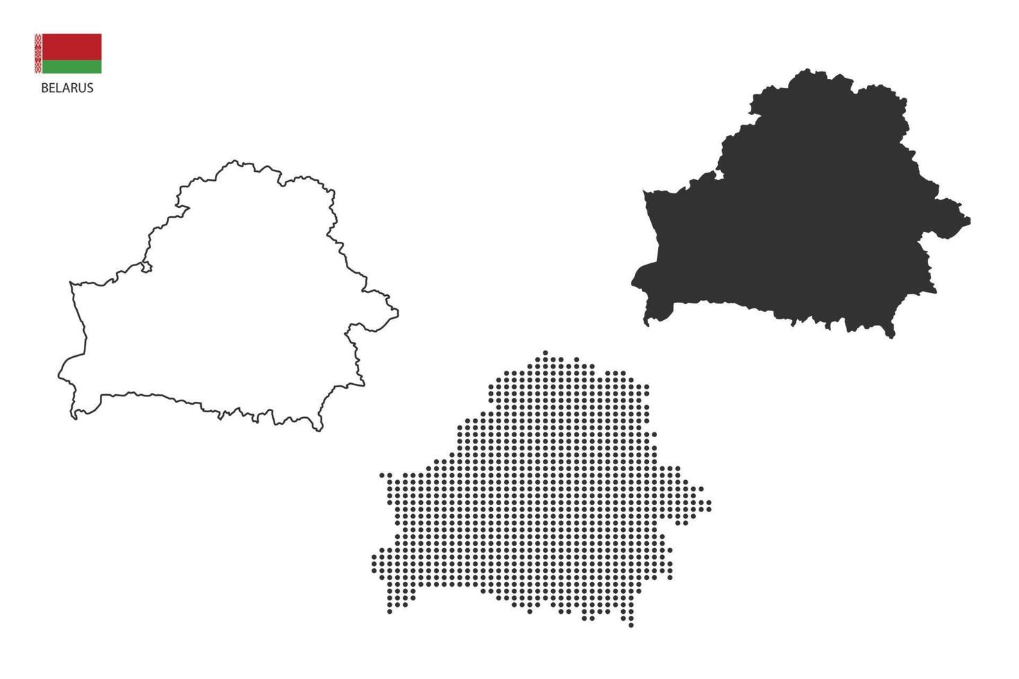 3 versiones del vector de la ciudad del mapa de Bielorrusia por estilo de simplicidad de contorno negro delgado, estilo de punto negro y estilo de sombra oscura. todo en el fondo blanco.