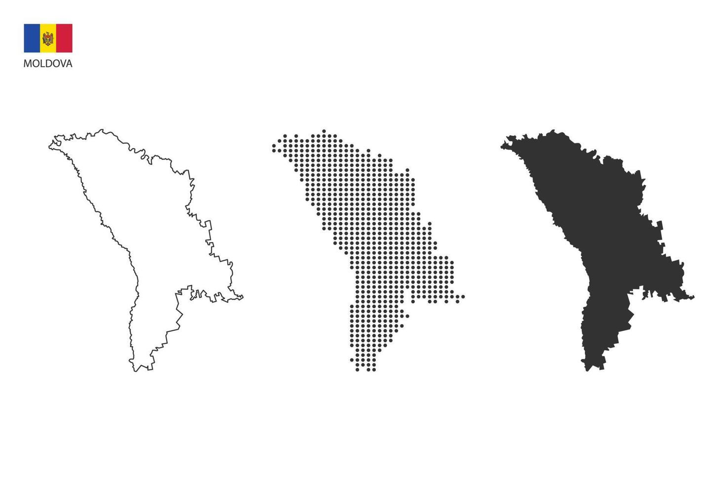 3 versiones del vector de la ciudad del mapa de moldavia por estilo de simplicidad de contorno negro delgado, estilo de punto negro y estilo de sombra oscura. todo en el fondo blanco.