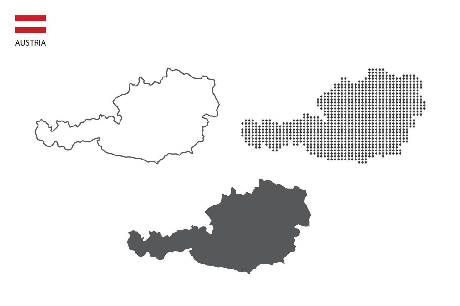 3 versions of Austria map city vector by thin black outline simplicity style, Black dot style and Dark shadow style. All in the white background.