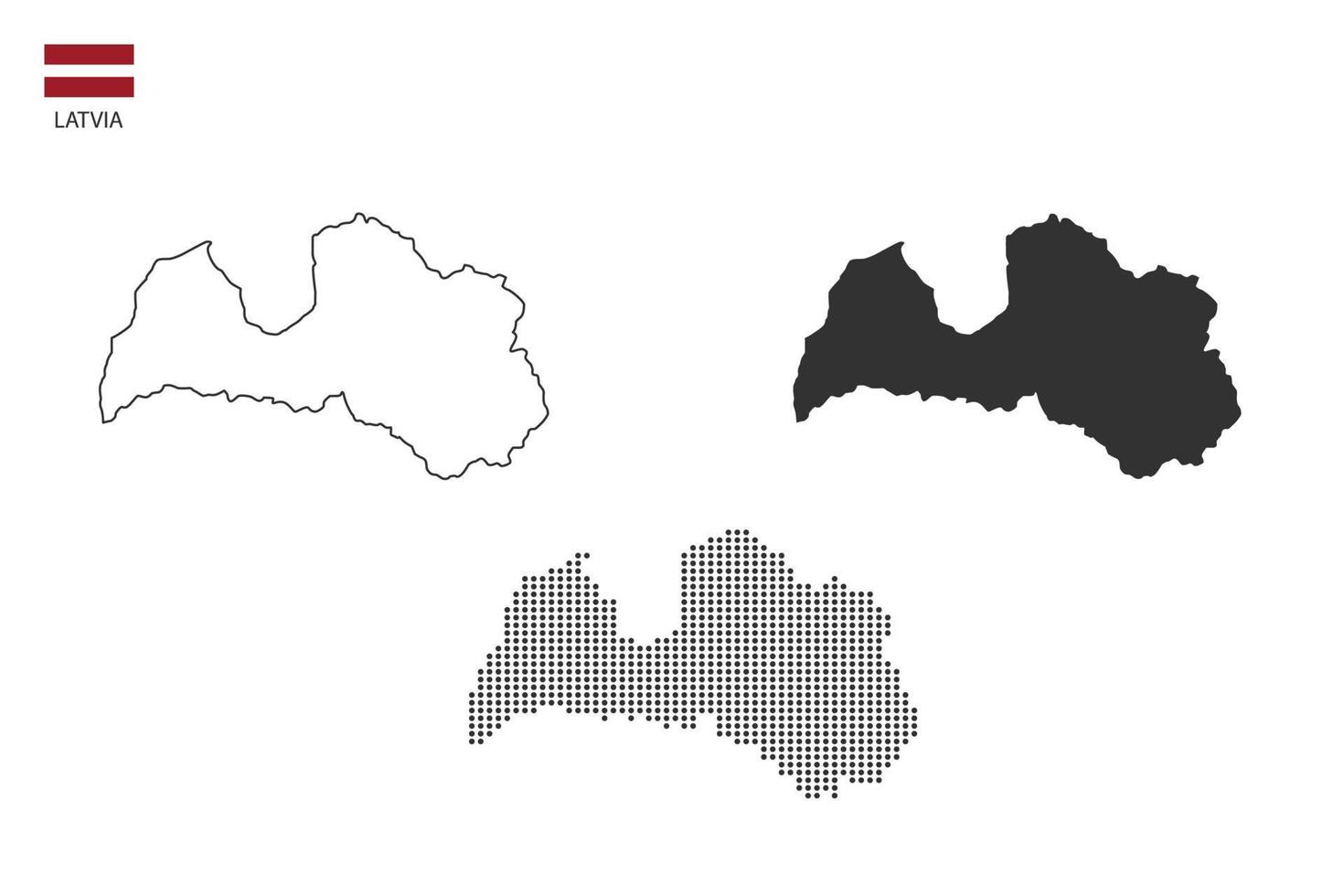 3 versiones del vector de la ciudad del mapa de letonia por estilo de simplicidad de contorno negro delgado, estilo de punto negro y estilo de sombra oscura. todo en el fondo blanco.