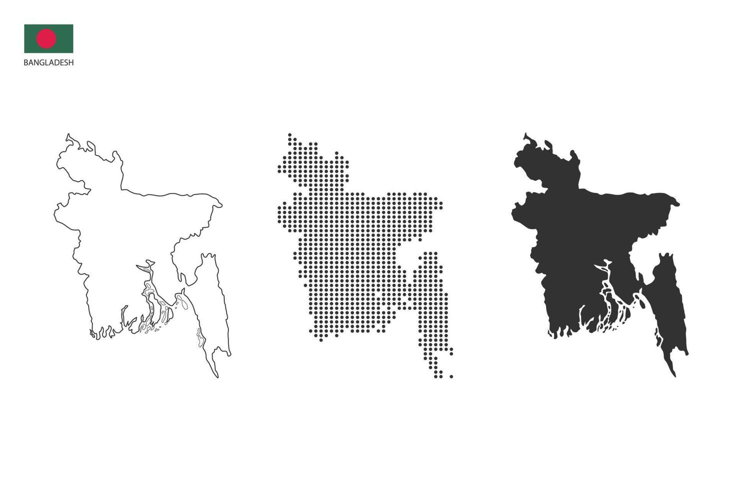 3 versiones del vector de la ciudad del mapa de bangladesh por estilo de simplicidad de contorno negro delgado, estilo de punto negro y estilo de sombra oscura. todo en el fondo blanco.