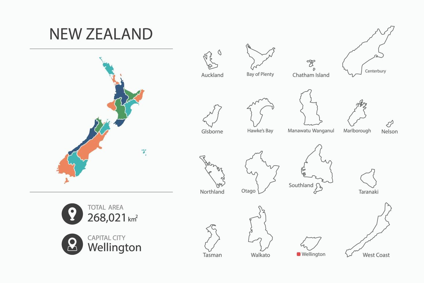 Map of New Zealand with detailed country map. Map elements of cities, total areas and capital. vector