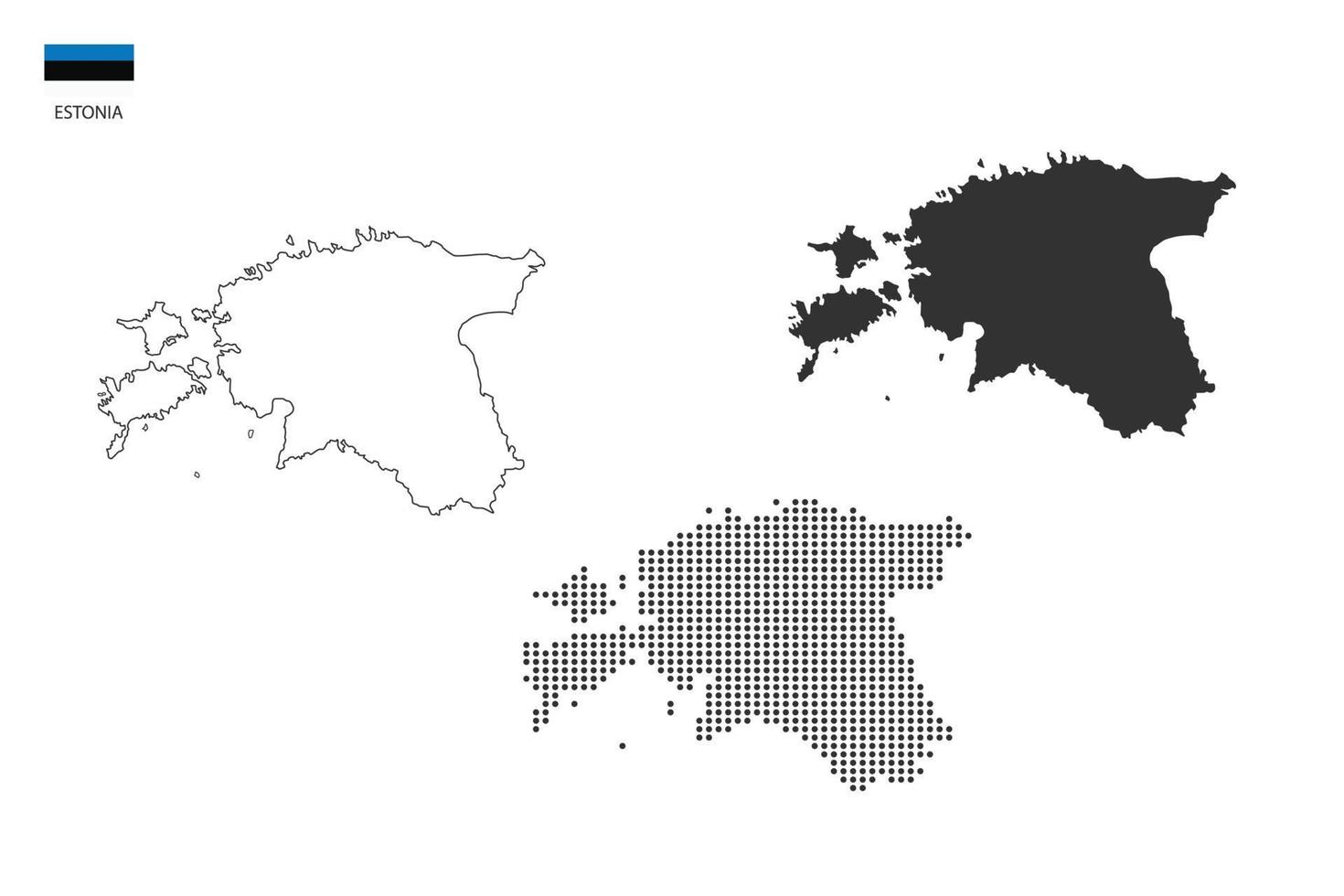 3 versiones del vector de la ciudad del mapa de estonia por estilo de simplicidad de contorno negro delgado, estilo de punto negro y estilo de sombra oscura. todo en el fondo blanco.