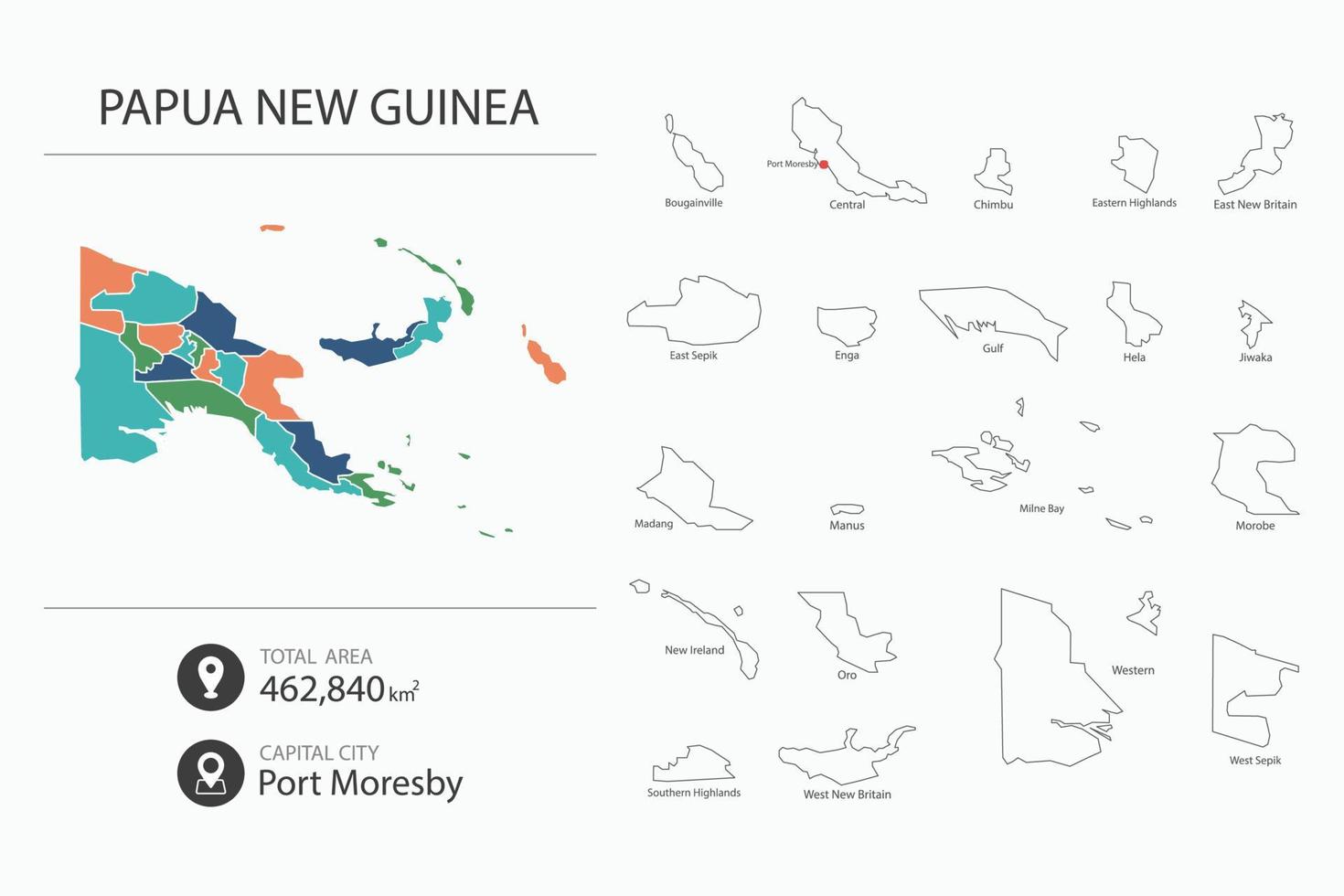Map of Papua New Guinea with detailed country map. Map elements of cities, total areas and capital. vector