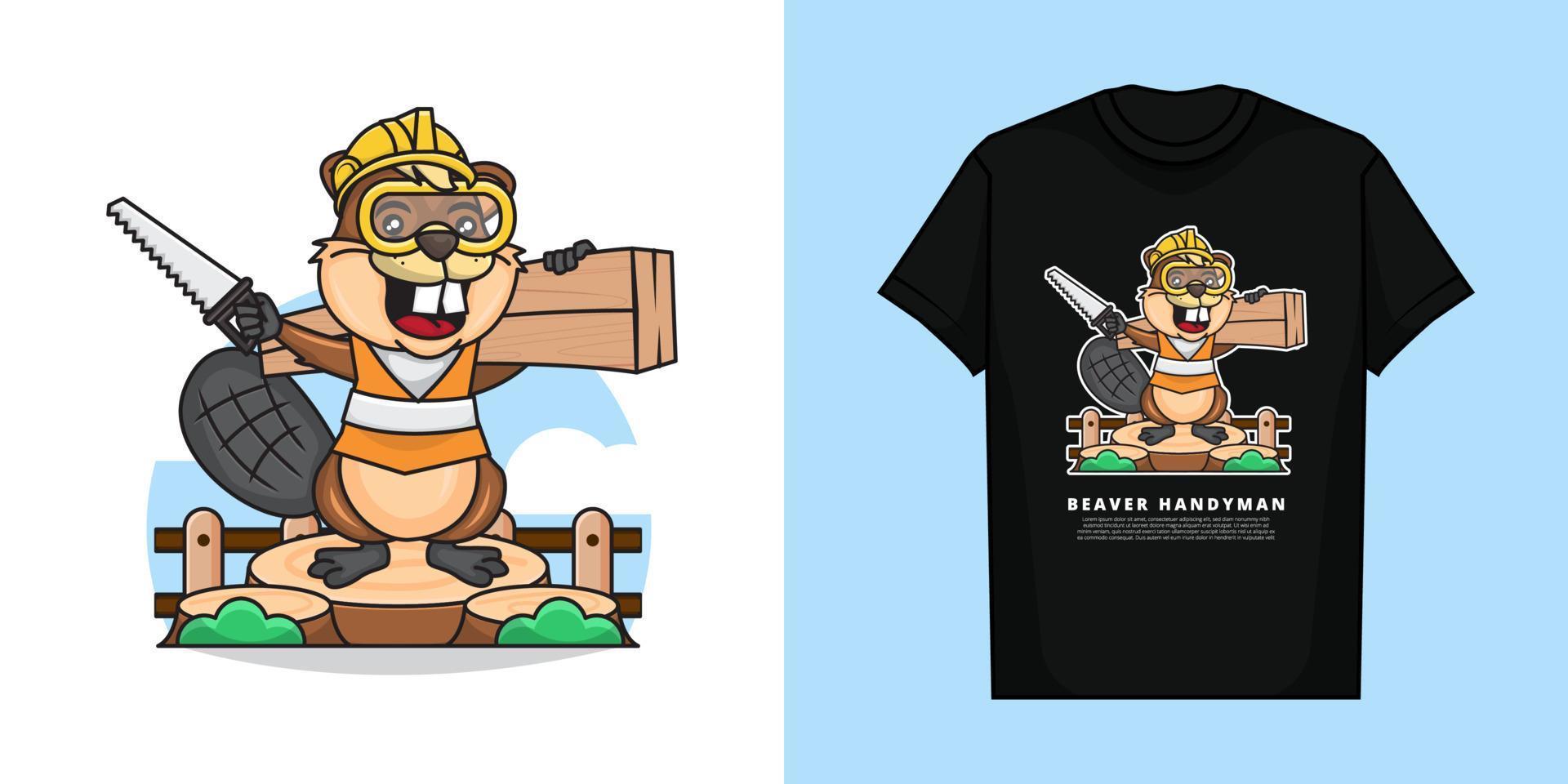 Illustration Vector Graphic of Cute Handyman Beaver is Lifting a Piece of Wood and Holding the Saw with T-Shirt Design