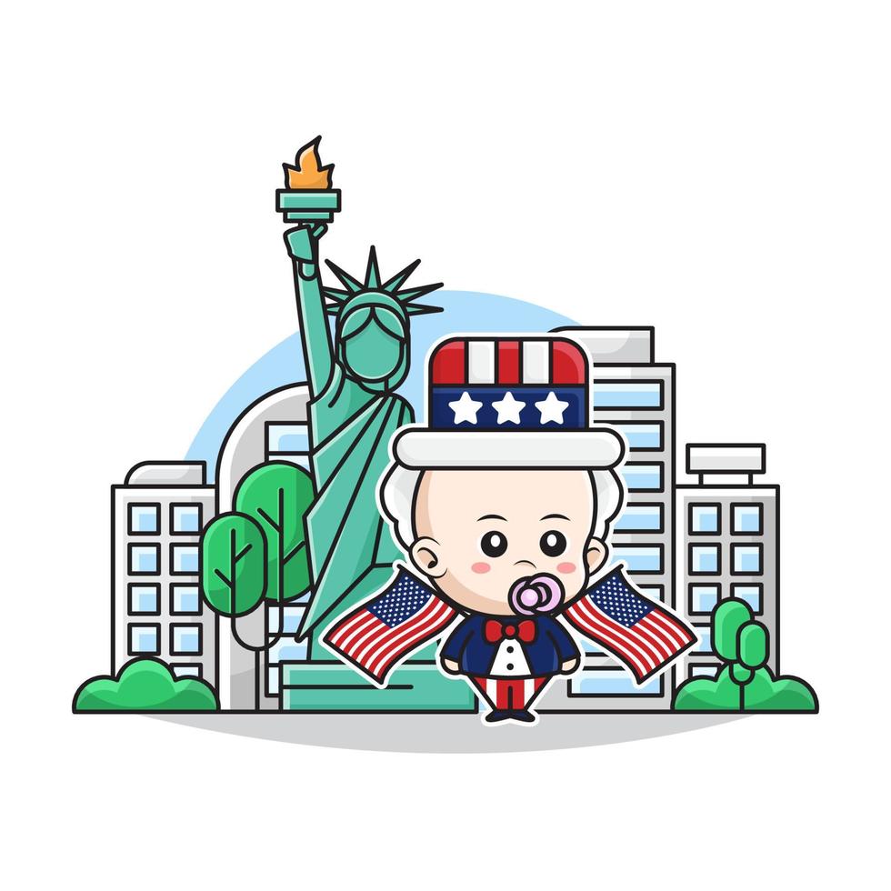 Illustration Vector Graphic of Cute Baby Wearing Uncle Sam Costume with Liberty Landmark Background