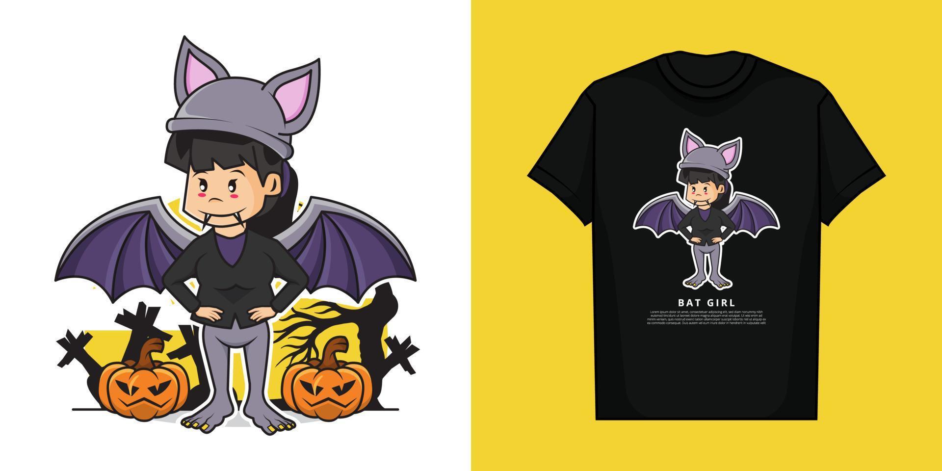 Illustration Vector Graphic of Cute Girl Wearing Bat Stealth Costume in the Halloween Days with T-Shirt Design