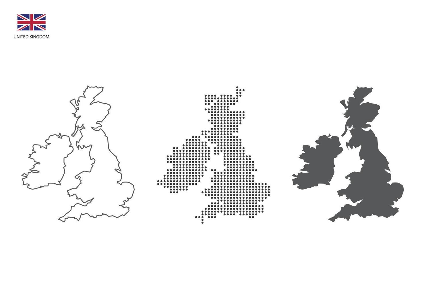 3 versions of UK map city vector by thin black outline simplicity style, Black dot style and Dark shadow style. All in the white background.