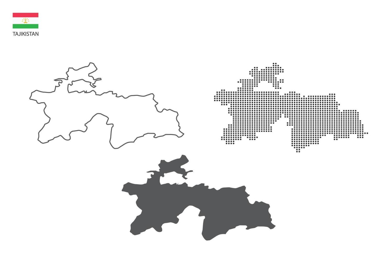 3 versions of Tajikistan map city vector by thin black outline simplicity style, Black dot style and Dark shadow style. All in the white background.