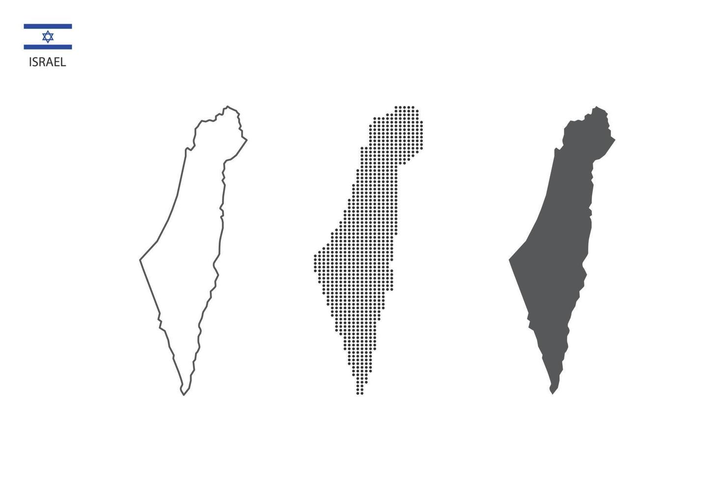 3 versions of Israel map city vector by thin black outline simplicity style, Black dot style and Dark shadow style. All in the white background.