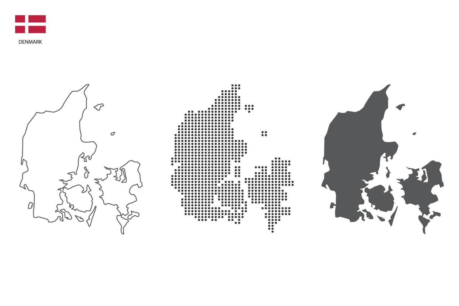 3 versiones del vector de ciudad de mapa de dinamarca por estilo de simplicidad de contorno negro delgado, estilo de punto negro y estilo de sombra oscura. todo en el fondo blanco.