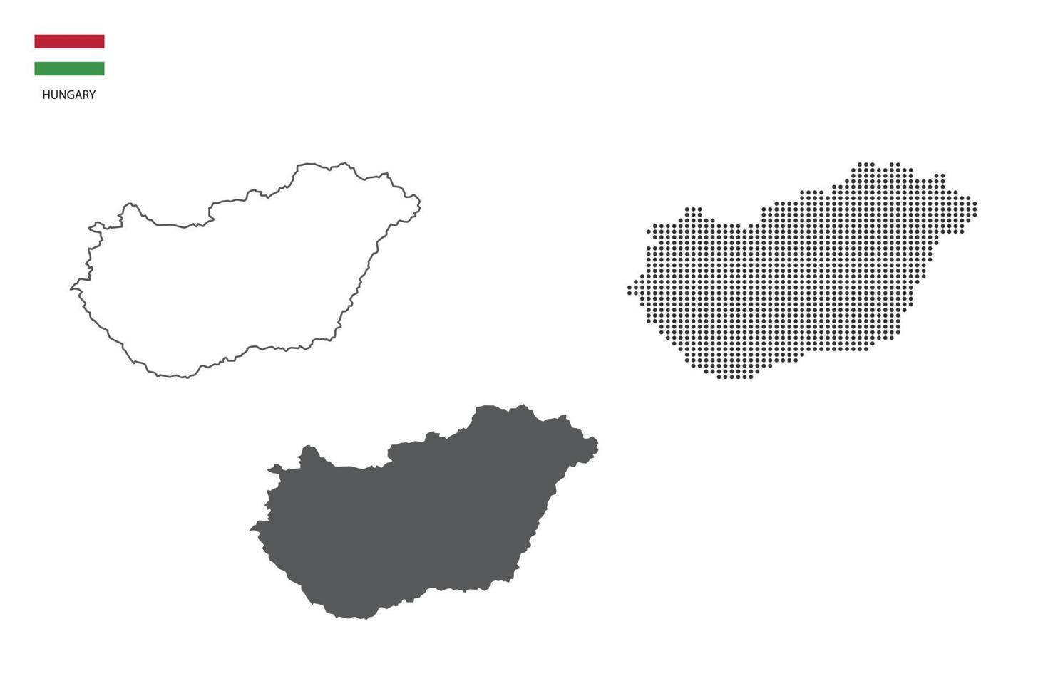 3 versiones del vector de la ciudad del mapa de Hungría por estilo de simplicidad de contorno negro delgado, estilo de punto negro y estilo de sombra oscura. todo en el fondo blanco.