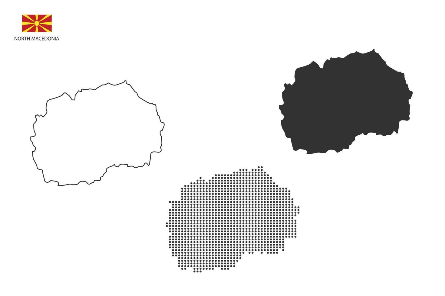 3 versions of North Macedonia map city vector by thin black outline simplicity style, Black dot style and Dark shadow style. All in the white background.