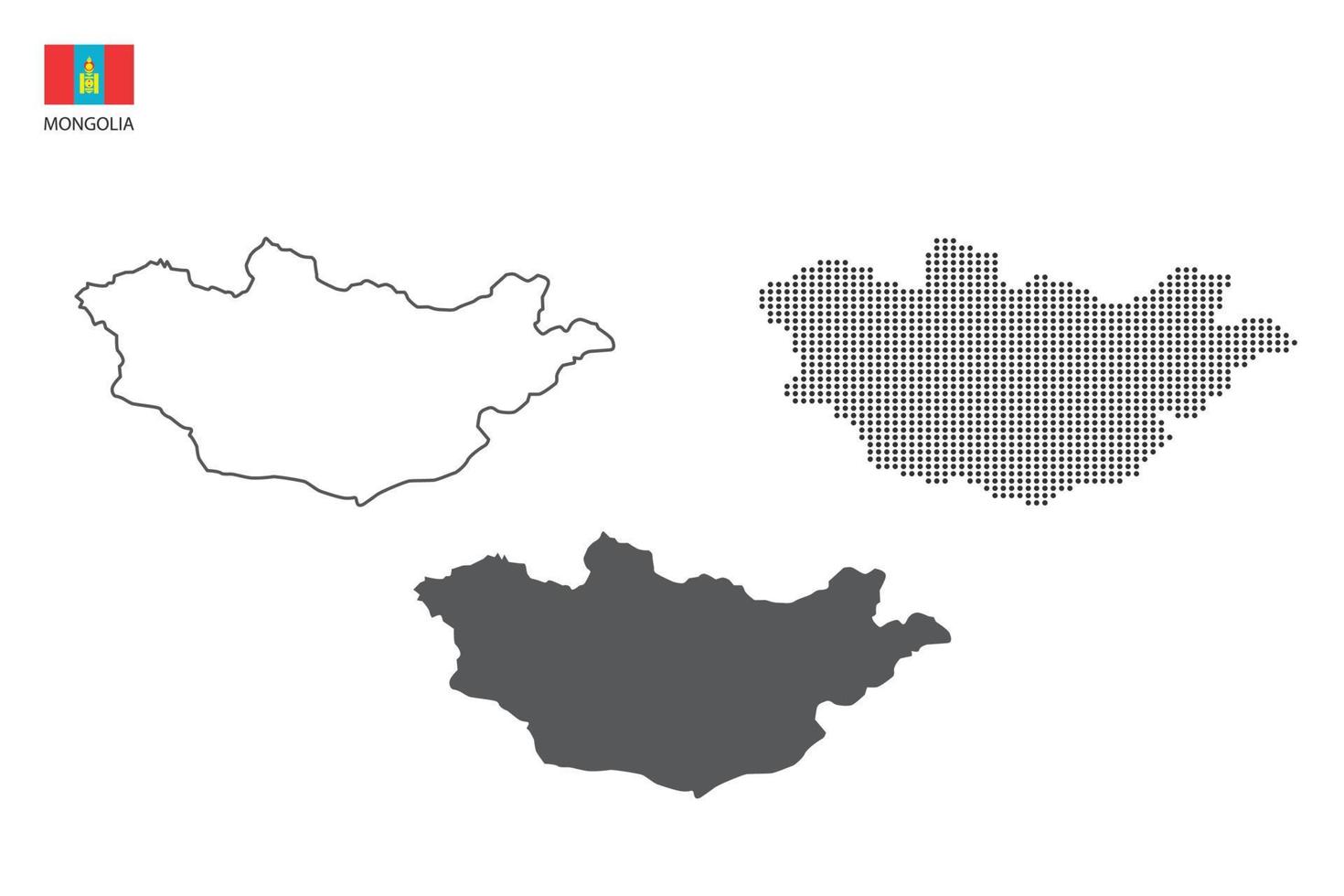 3 versiones del vector de ciudad de mapa de mongolia por estilo de simplicidad de contorno negro delgado, estilo de punto negro y estilo de sombra oscura. todo en el fondo blanco.