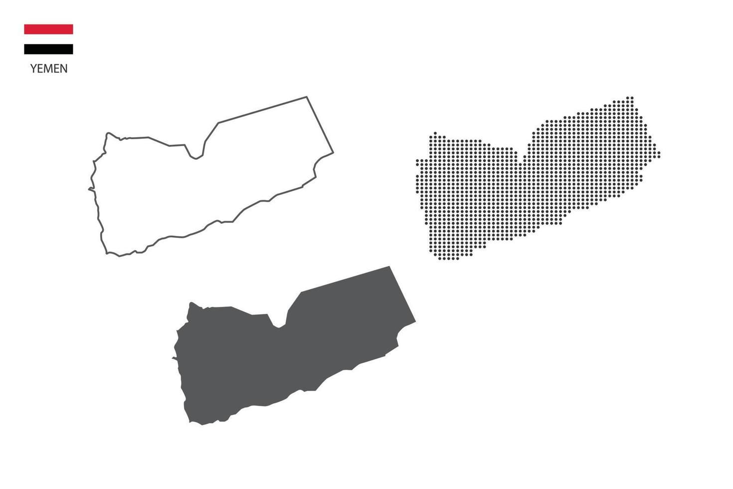 3 versiones del vector de la ciudad del mapa de Yemen por estilo de simplicidad de contorno negro delgado, estilo de punto negro y estilo de sombra oscura. todo en el fondo blanco.