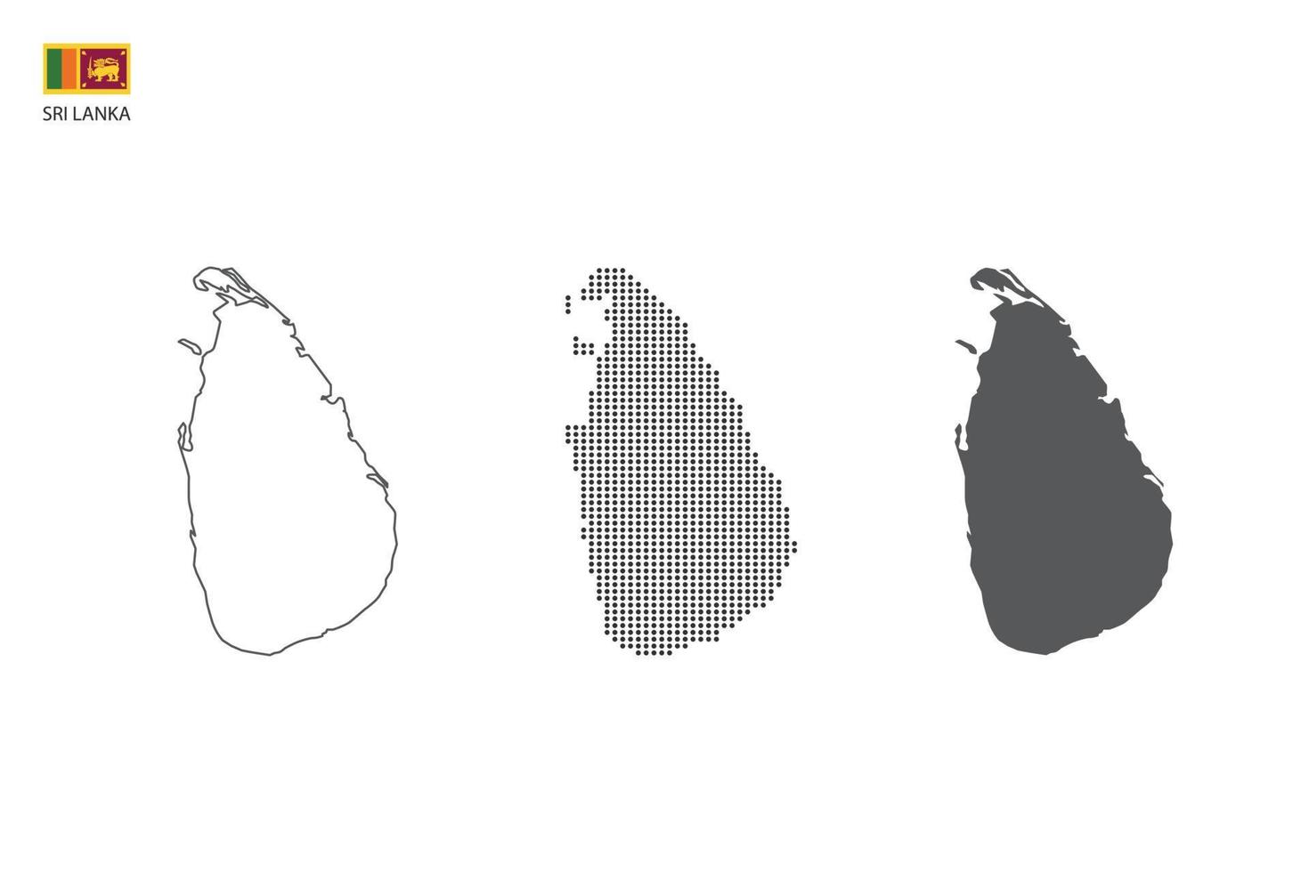 3 versions of Sri Lanka map city vector by thin black outline simplicity style, Black dot style and Dark shadow style. All in the white background.